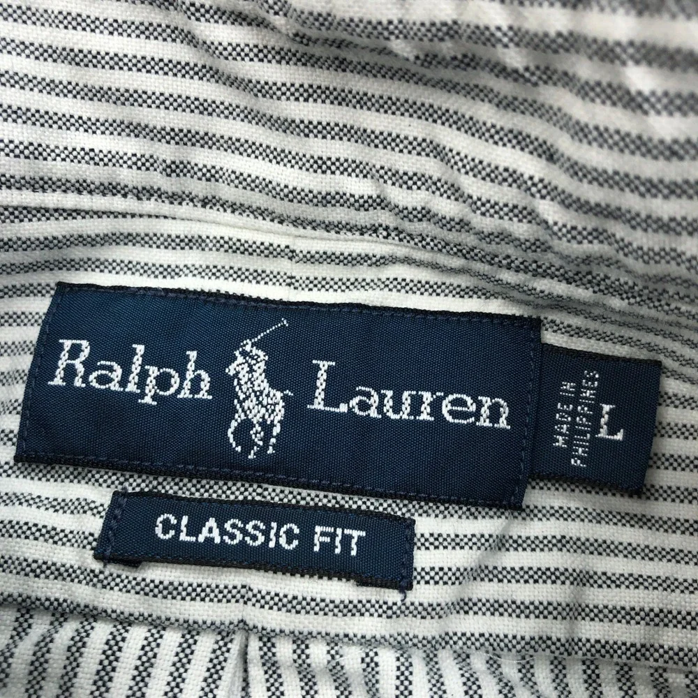 Polo Ralph Lauren Mens Large Classic Fit Striped Button Down Shirt Grey White